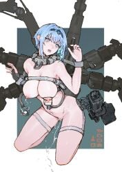 absurdres aqua_eyes belly_riding blue_hair bondage bound breast_bondage breasts commentary completely_nude female female_ejaculation frogtie fucked_silly highres iuui large_breasts looking_up machinery mecha mechanical_fixation milking_machine nipples nude open_mouth original simple_background symbol-only_commentary white_background