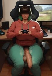 ai_generated briang1748 bulge crop_top cute detailed_background dirty_room dyed_hair futanari gamer_girl gaming gaming_chair green_hair hairy_balls hairy_stomach happy_trail musk pajamas pubic_hair streamer sweatpants sweaty_gamer_girl_(briang1748) thick_ass thick_thighs uncut_penis