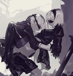 black_and_white blindfold female humanoid male monochrome nier:_automata optionaltypo sex straight yorha_2b yorha_9s