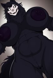 absurd_res anthro areola big_breasts black_body black_fur black_hair bone breasts canid canine female fur genitals hair hi_res looking_at_viewer malo mammal mcjhones monster nipples nude pussy scp-1471 scp-1471-a scp_foundation skull skull_head solo