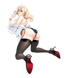 all_fours ass blonde_hair blue_eyes censored censored_nipples crotch_cutout female from_behind garter_straps glasses high_heels looking_back medium_hair no_bra open_clothes open_mouth open_shirt original shirt shoulder_blades skindentation solo tareme thighhighs warabino_matsuri watch white_background white_shirt wristwatch