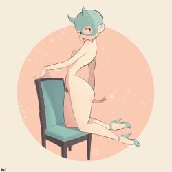 ass big_ass breasts brown_pubic_hair chair devil_horns eyelashes female female_only high_heels kneeling kneeling_on_chair looking_over_shoulder mask masked masked_female nipples pinup pubes pubic_hair red_lipstick sokamura solo solo_female stitched_clothing teal_high_heels thick_thighs thin_waist