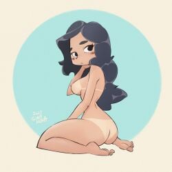 ass big_ass black_eyebrows black_hair blush breasts curly_hair eyelashes feet female female_only from_behind frown highres looking_back nipples pinup sokamura soles solo solo_female tan_body tanline thick_thighs