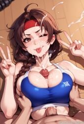 1boy ahoge ai_generated balecxi blush braid breasts_squeezed_together brown_eyes brown_hair cum_on_body cum_on_breasts double_v ejaculation facial female grabbing grabbing_another's_breast king_of_fighters large_breasts long_hair looking_at_viewer lying on_back one_eye_closed paizuri_under_clothes penis red_headband smile solo_focus sports_bra straddling_paizuri straight tongue tongue_out uncensored yuri_sakazaki