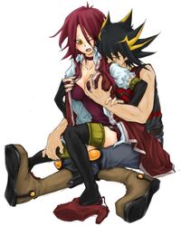 akiza_izinski breast_grab breasts choker couple female groping hair hug hug_from_behind human izayoi_aki male multicolored_hair red_hair straight thighhighs wink yu-gi-oh! yu-gi-oh!_5d's yusei_fudo