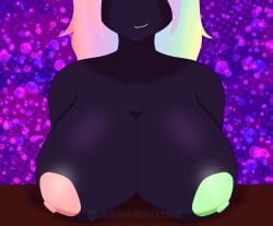 artist_name black_body black_skin boobs_on_table boobs_out breast_on_table breasts_out green_nipples hi_res highres juanchiandraws lucy_(luisgamingtm) luisgamingtm naked naked_female original_character pink_nipples rainbow_hair simple_background