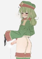 absurdres after_ejaculation akaihoppe black_panties censored cum cumdrip female futanari green_hair green_hat green_jacket grin hat highres holding holding_panties holding_underwear holding_unworn_clothes jacket leoparde_(mahou_shoujo_ni_akogarete) looking_at_viewer looking_back mahou_shoujo_ni_akogarete mosaic_censoring panties red_eyes smile solo star_(symbol) underwear unworn_panties white_background