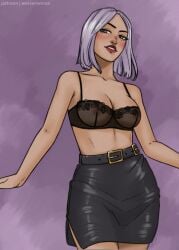 angry angry_face bra curvy curvy_female dead_by_daylight fur_coat lingerie looking_at_viewer office_lady pencil_skirt purple_hair worsenworse yun-jin_lee