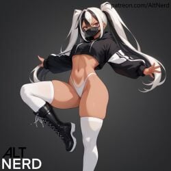 ai_generated alter altnerd angry artist_logo artist_name black_boots black_hair black_hoodie boots facemask navel oc panties patreon_url tan_body tan_skin thick_thighs thighhighs thong twintails twitter_username white_hair white_panties