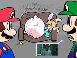 1girls 2boys anthro belly big_belly couch digestion digestion_noises enormous_belly fat fat_belly huge_belly lagomorph large_belly luigi male mario mario_(series) massive_belly meme opis oral_vore pharell_williams rabbid rabbid_rosalina same_size_vore soft_vore struggling struggling_prey unwilling unwilling_prey unwilling_vore vevo vore