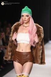 absurdres actress ai_generated anya_taylor_joy beth_harmon brown_shorts celebrity cosplay female female_only fur_coat green_hat highres hourglass_figure jewelry jewelry_bonney joyboyai one_piece pink_hair real_person realistic runway solo_female thighhighs toned white_crop_top