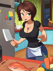 1girls aunt_cass barleyshake big_hero_6 brown_hair cass_hamada cleavage cleaver disney female female_only food fully_clothed green_eyes kitchen lips looking_at_viewer marvel mature_female necklace pants shirt shoulder_length_hair solo