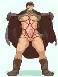 1boy abs absurdres bara bare_pectorals beard bondage boots chest_hair coat embarrassed erection etrian_odyssey facial_hair green_shirt gunner_(etrian) highres large_pectorals leg_hair male_focus mature_male muscular muscular_male navel nipples no_pants open_clothes open_coat open_shirt pectorals penis piikeisandaa proud_of_his_cock red_rope rope shirt short_hair sideburns solo solo_male stomach stubble thick_thighs thighs uncensored winter_clothes