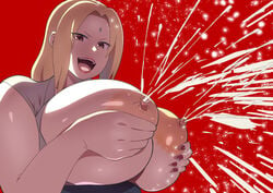 1girls areolae blonde_hair breasts breasts_out cleavage female female_only highres huge_breasts lactation large_areolae large_breasts long_hair looking_at_viewer naruto naruto_(series) naruto_shippuden nipples nise_kurosaki open_clothes open_mouth smile solo solo_focus tetrodotoxin tsunade