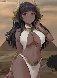 1girls black_hair blush chowbie dark-skinned_female egyptian egyptian_clothes eyebrows_visible_through_hair female female_only hair_ornament long_hair navel original pyramid red_eyes