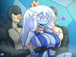 1girls 2021 adventure_time bikini blue_skin blush cartoon_network female_focus heart huge_breasts humor ice_queen_(adventure_time) lezaki-thefatlizard meme penguin purple_eyes servants_holding_aphrodite's_breasts_(meme) white_hair