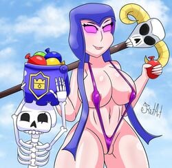 areolae areolae_slip beach big_breasts breasts clash_(series) clash_of_clans clash_royale clothed clothing female female_focus glowing_eyes kiut_artbs kiut_arts larry_(c.o.c) nipple_bulge one-piece_swimsuit pussy_lips skeleton witch_(clash_of_clans)