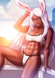 1girls abs bikini bunny_ears bunny_girl cleavage dark-skinned_female fit_female large_breasts long_hair looking_at_viewer miruko my_hero_academia orange_eyes rabbit_ears rumi_usagiyama shamserg sports_bikini sports_bra white_hair