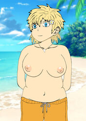 1girls alkin_(artist) blonde_hair blue_eyes breasts female female_only flower_in_hair hellsing male_swimwear_challenge mens_swimsuit_challenge necklace nipples outdoors seras_victoria smile topless