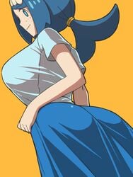 1girls big_ass big_breasts blue_eyes blue_hair clothing female female_only freckles hair_ornament lana's_mother_(pokemon) looking_at_viewer looking_back mature mature_female milf mob_face nintendo pokemon pokemon_sm solo tamezou tied_hair yellow_background