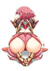 1girls ass automatic_giraffe boots female from_behind huge_ass kneeling looking_at_viewer looking_back pyra red_eyes red_hair red_shorts shiny shiny_clothes shiny_hair shiny_skin short_hair short_shorts shorts solo thigh_boots thighhighs xenoblade_chronicles_2