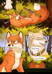 animal anthro bushes canine comic comic_page dialogue dog female feral feral_on_feral forest fox frightened fur furry furry_ears furry_only furry_tail hioshiru male masturbation original_characters page_5 red_fur scared tan_fur