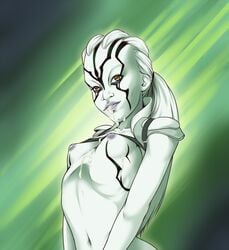 2016 alien bukkake cum_in_mouth cum_on_breasts cum_on_upper_body female humanoid inverted_nipples jaylah kyder navel ponytail ribs small_breasts solo star_trek star_trek_beyond unknown_species white_hair yellow_eyes