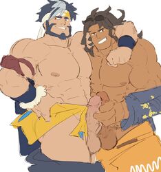 2boys abs arm_around_shoulder bara beard clothes_pull dark-skinned_male dark_skin dick_pals dragalia_lost erection eyewear_on_head facial_hair grin handjob headband highres interracial large_pectorals male_focus mature_male multicolored_hair multiple_boys multiple_penises muscular muscular_male nipples nude pants pants_pull pectorals penis penises_touching piikeisandaa ranzal shirtless short_hair smile stomach streaked_hair sunglasses thick_thighs thighs uncensored unfinished yaoi zhu_bajie_(dragalia_lost)