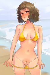 bikini female_only panties_down persona persona_5 presenting_pussy pulling_panties_down pussy pussy_juice pussy_juice_trail sadayo_kawakami solo_female swimsuit swimwear