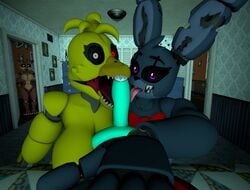 3d blowjob five_nights_at_freddy's fnaf michel_the_blue_fox nightmare_bonnie nightmare_chica_(fnaf) nightmare_foxy pov spying straight the_blue_fox threesome