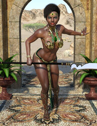 1girls 3d afro armpit_peek black_hair breasts dark-skinned_female dark_skin eyeshadow female fit fit_female green_eyes large_breasts loincloth nose original original_character revealing_clothes solo_female spear unconvincing_armor voluptuous warrior