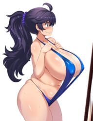 1girls alternate_breast_size alternate_hairstyle aster-chan belly big_breasts bikini blush breasts chubby chubby_female curvy_figure female goth hex_maniac huge_breasts large_breasts long_hair maki_ikazuya nintendo pokemon pokemon_xy ponytail purple_eyes purple_hair sideboob sling_bikini smile standing thick_thighs thighs wide_hips