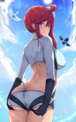 1girls ass ass_support blue_eyes breasts ddangbi eye_contact female grabbing_own_ass looking_at_viewer looking_back minishorts nintendo pokemon pokemon_bw red_hair shorts skyla_(pokemon) solo standing thick_thighs thighs tight_clothing