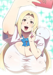 1animal 1girls blonde_hair breasts cellphone cleavage highres holding_object huge_breasts katsuyu large_breasts long_hair looking_up naruto naruto_(series) naruto_shippuden nipples nise_kurosaki no_bra open_mouth posing schoolgirl selfie shirt smile tetrodotoxin tsunade visible_nipples