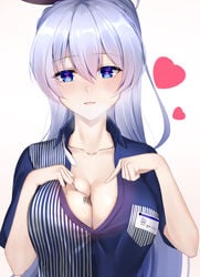 1girls azur_lane barcode blue_eyes blue_hair blush breasts cleavage eternity_(shadeh) female female_only hair_between_eyes heart-shaped_pupils hearts highres large_breasts light-skinned_female light_skin long_hair looking_at_viewer rodney_(azur_lane) rodney_(one_day_as_a_trainee_clerk)_(azur_lane) royal_navy_(azur_lane) seductive sidelocks solo steamy_breath sweat symbol-shaped_pupils white_background