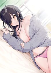 1girls black_hair blush breasts cameltoe cleavage female hair_over_one_eye itohana light-skinned_female long_hair looking_at_viewer lying_on_side morning on_bed orange_eyes original panties pink_panties shirt smile underwear