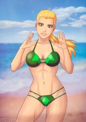 artemis_(dc) artemis_crock beach bikini blonde_hair cleavage dc dc_comics fit_female green_eyes large_breasts long_hair looking_at_viewer seaside shamserg young_justice