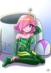 1girls 2021 adventure_time cartoon_network cleavage crown hair_over_one_eye lezaki-thefatlizard pink_hair pink_skin princess_bubblegum short_hair solo solo_female tight_clothing