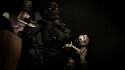 1boy 3d 3girls brown_hair dick five_nights_at_freddy's five_nights_at_freddy's:_sister_location five_nights_at_freddy's_3 foursome licking_penis minireena penis sister_location source_filmmaker springtrap springtrap_(fnaf) straight sucking_balls white_mask