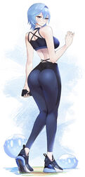 1girls back back_view big_breasts blue_hair clothed clothing eula_(genshin_impact) exercise_clothing female_only fully_clothed genshin_impact human light-skinned_female light_skin looking_back pale_skin short_hair solo standing tight_clothing tommietomm workout_clothes