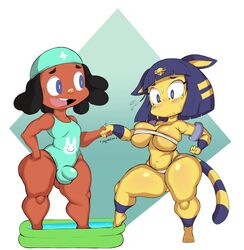 animal_crossing ankha anthro bandage big_breasts black_hair blue_eyes blue_hair blush breasts brown_body brown_skin bulge cleavage clothed clothing cushion_(purple_yoshi_draws) dark-skinned_male domestic_cat dreadlocks duo felid feline felis female floatie girly hair hi_res human kiddie_pool male mammal nintendo one-piece_swimsuit partially_submerged purple_yoshi_draws shortstack simple_background swimwear thick_thighs video_games villager_(animal_crossing) white_background wide_eyed wide_hips yellow_body