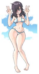 1girls bikini black_hair edu_pompom hair_over_one_eye kuroki_tomoko pale_skin pinup solo swimsuit thick_thighs thin_waist v watashi_ga_motenai_no_wa_dou_kangaetemo_omaera_ga_warui! wide_hips