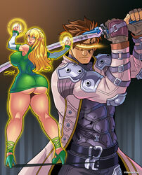 1boy 1girls ace_(acesr) ace_(shiin) arm_sleeves ass blonde_hair blue_eyes brown_hair clothing cyberpunk darkereve dress elf elf_ears eye_tattoo female glasses glowing heels katana long_hair looking_back lumiere_(acesr) magic_circle male nipple_bulge pointy_ears tattoo thick_thighs underass