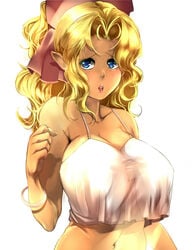 1girls belly blonde_hair blue_eyes bollitochan breasts female hairbow huge_breasts long_hair mihoshi_kuramitsu pointy_ears tenchi_muyo!