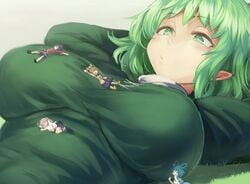 5girls ^_^ belly big_breasts blonde_hair blue_hair breasts breasts_apart closed_eyes dress fully_clothed giant giantess gray_hair green_dress green_eyes green_hair grey_hair grin hair hand_to_own_mouth hat head_on_chest large_breasts laying_down laying_on_back lying lying_on_back mononobe_no_futo multiple_girls on_back platinum_blonde_hair pointed_ears pointy_ears seiga_kaku shoes size_difference sleeping sleeping_on_person smile soga_no_tojiko touhou toyosatomimi_no_miko utopia white_hair yoshika_miyako