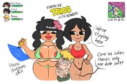 1boy 2girls agal1502 ammy_(a-gal) ara_ara bbw big_breasts black_hair blonde_hair blueprint bra breast_size_difference breasts cleavage dialogue english_text epic_games female flower flower_in_hair fortnite fortnite:_battle_royale green_bra green_panties hair_over_eyes hand_on_elbow hand_on_head hand_on_hip head_between_breasts health_bar jonesy_(fortnite) long_hair male map nice-chan nicechan nipple_peek original_character panties pencil puffy_lips red_sports_bra short_hair simple_background size_difference sports_bra standing tanline text text_bubble thick_thighs thighs thong twintails white_background