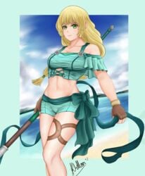 1girls alternate_costume bare_midriff bare_shoulders beach belly bikini blonde_hair confident female female_only fire_emblem fire_emblem:_three_houses fire_emblem_heroes green_eyes happy human human_only ingrid_brandl_galatea ingrid_brandl_galatea_(summer) light-skinned_female light_skin long_hair navel nintendo official_alternate_costume pixelnayt seaside short_shorts smile smiling spear stomach swimsuit toned toned_female wholesome