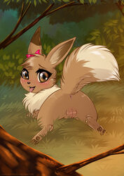 anus eevee female feral genitals grass hi_res humanoid_genitalia humanoid_pussy kiwi_(rukifox) looking_at_viewer looking_back nintendo pokémon pokémon_(species) pussy rear_view ribbons rukifox solo tree video_games