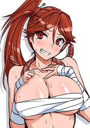 1girls aegis_(nerocc) bandage blush bound_breasts breasts chest_wraps cleavage grin large_breasts red_eyes red_hair sakura_taisen sakura_wars sarashi sega shin_sakura_taisen shinonome_hatsuho side_ponytail solo sweat