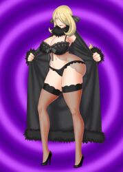 alternate_breast_size bluebullpen clothed clothed_female commandcode cynthia_(pokemon) high_heels huge_ass huge_breasts lingerie pokemon thick_thighs wide_hips